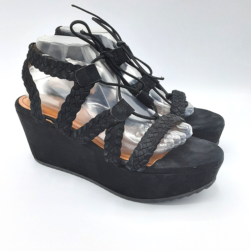 TRASK Black Suede Braided Lace Up Platform Y2K Boho Strappy Sandal.